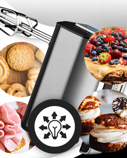 RANKINIS MAIŠYTUVAS VIRTUVEI 300W TURBO, 5 GREIČIAI, METALINĖS ŠLUOTELĖS, TEŠLOS KULIAI, SIDABRINĖS SPALVOS