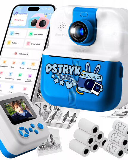 MINI TERMO spausdintuvas "Pstryk" momentinis fotoaparatas vaikams, su 12 ritinėlių
