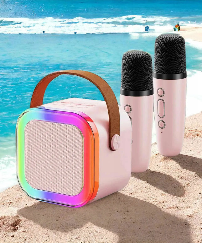 Mini karaoke rinkinys: 2 mikrofonai ir belaidis „Bluetooth“ garsiakalbis