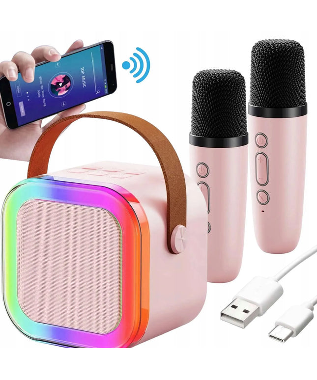 Mini karaoke rinkinys: 2 mikrofonai ir belaidis „Bluetooth“ garsiakalbis