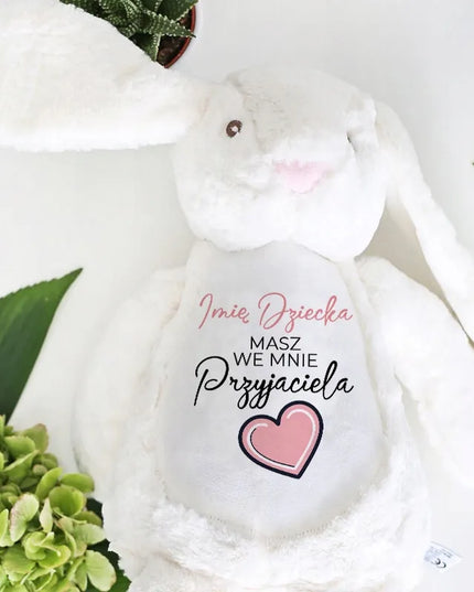 Pliušinis triušiukas – dovana pirmajam gimtadieniui, personalizuojamas vardu „IMIĘ PRZYJACIEL“