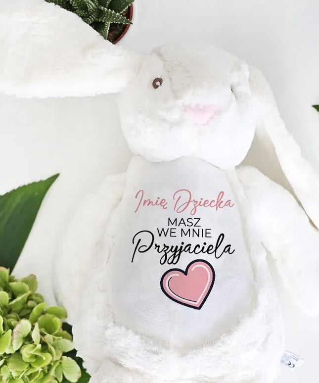 Pliušinis triušiukas – dovana pirmajam gimtadieniui, personalizuojamas vardu „IMIĘ PRZYJACIEL“