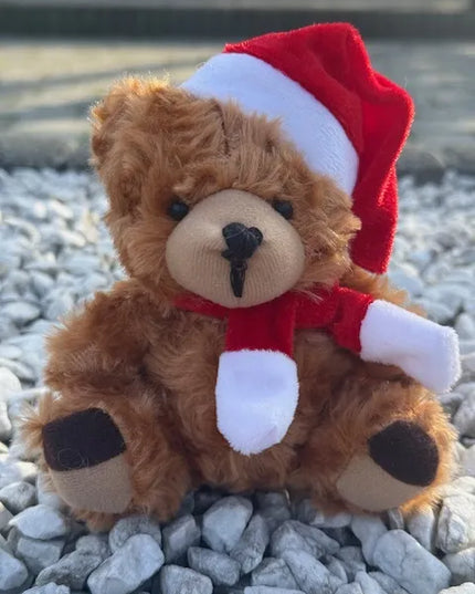 Šventinis pliušinis meškiukas su šalikėliu ir kepurėle, 15 cm