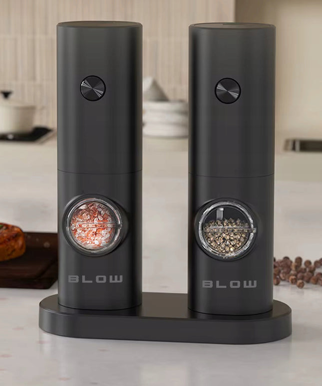 Elektrinis pipirų, druskos ir prieskonių malūnėlis su stovu, langeliu ir reguliavimu