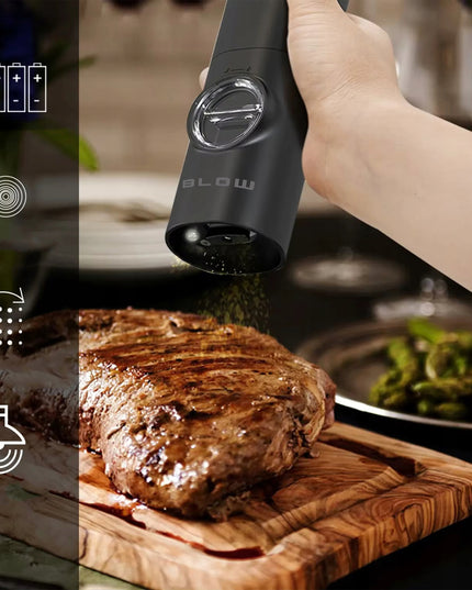 Elektrinis pipirų, druskos ir prieskonių malūnėlis su stovu, langeliu ir reguliavimu