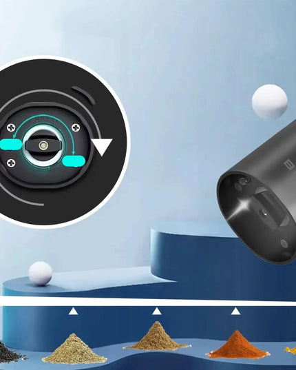 Elektrinis pipirų, druskos ir prieskonių malūnėlis su stovu, langeliu ir reguliavimu