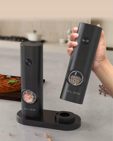 Elektrinis pipirų, druskos ir prieskonių malūnėlis su stovu, langeliu ir reguliavimu