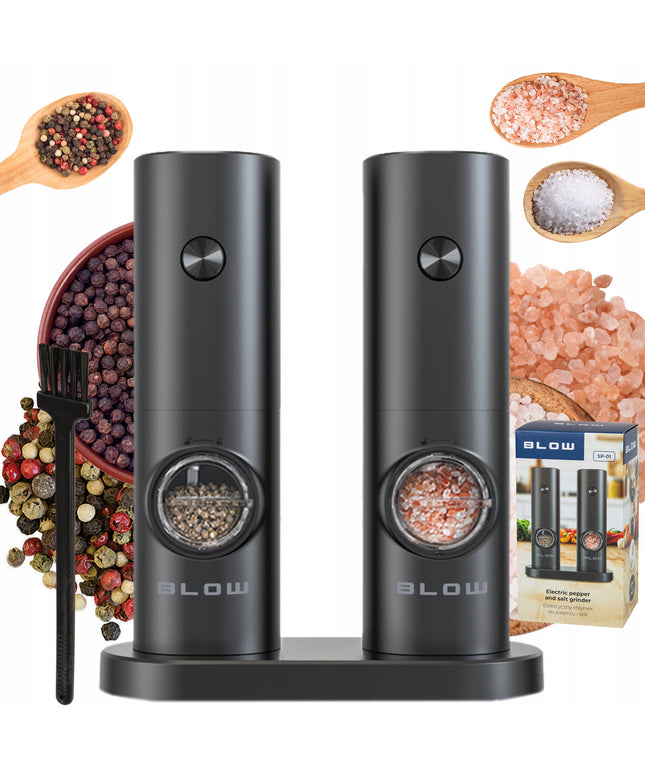 Elektrinis pipirų, druskos ir prieskonių malūnėlis su stovu, langeliu ir reguliavimu