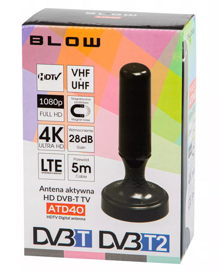 Galinga kambarinė aktyvioji antena DVBT2 TV FHD 4K MUX-8 LTE su stiprintuvu ir magnetiniu pagrindu Blow ATD40