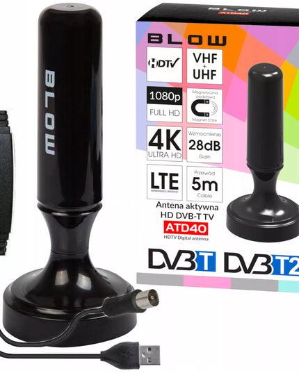 Galinga kambarinė aktyvioji antena DVBT2 TV FHD 4K MUX-8 LTE su stiprintuvu ir magnetiniu pagrindu Blow ATD40