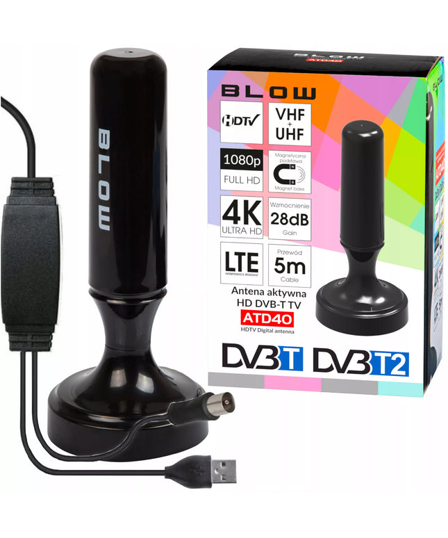 Galinga kambarinė aktyvioji antena DVBT2 TV FHD 4K MUX-8 LTE su stiprintuvu ir magnetiniu pagrindu Blow ATD40