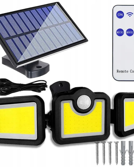 GALINGAS 3-in-1 LED COB SAULĖS ENERGIJOS ŠVIESTUVAS SU ATSKIRU SKYDELIU, JUDESIO IR PRIEBANDOS JUTIKLIU BEI NUOTOLINIO VALDYMO PULTU