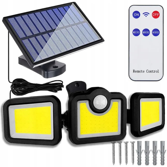 GALINGAS 3-in-1 LED COB SAULĖS ENERGIJOS ŠVIESTUVAS SU ATSKIRU SKYDELIU, JUDESIO IR PRIEBANDOS JUTIKLIU BEI NUOTOLINIO VALDYMO PULTU