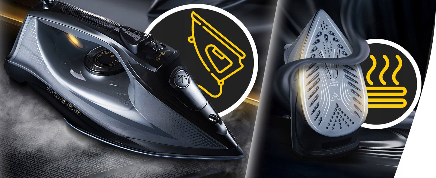 Galingas garų lygintuvas, didelė galia 2400W, keraminis paviršius, sistema "anti-drip", sistema "anti-calc"