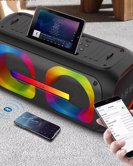 Galingas nešiojamas „Bluetooth“ garsiakalbis BLOW DJBOX su mikrofonu, nuotolinio valdymo pulteliu, USB ir SD jungtimis bei karaokės funkcija