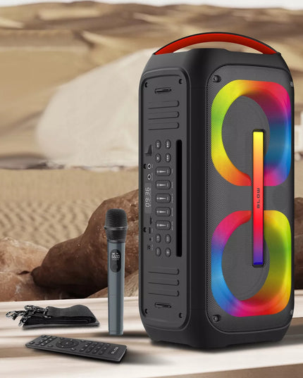 Galingas nešiojamas „Bluetooth“ garsiakalbis BLOW DJBOX su mikrofonu, nuotolinio valdymo pulteliu, USB ir SD jungtimis bei karaokės funkcija