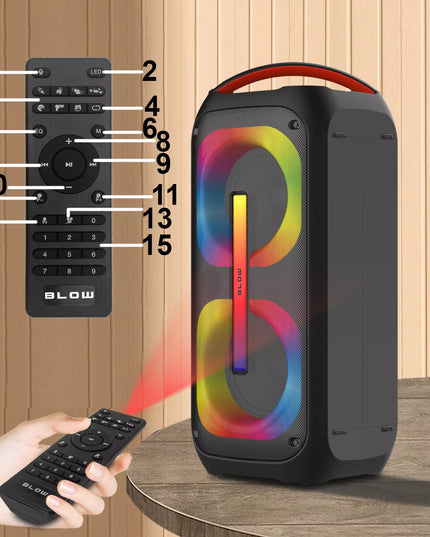 Galingas nešiojamas „Bluetooth“ garsiakalbis BLOW DJBOX su mikrofonu, nuotolinio valdymo pulteliu, USB ir SD jungtimis bei karaokės funkcija
