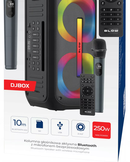 Galingas nešiojamas „Bluetooth“ garsiakalbis BLOW DJBOX su mikrofonu, nuotolinio valdymo pulteliu, USB ir SD jungtimis bei karaokės funkcija