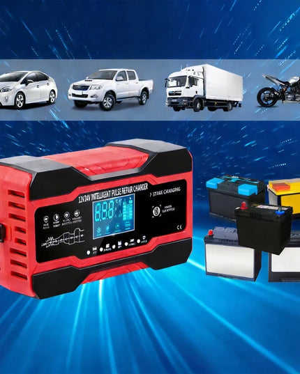 Galingas išmanusis automatinis akumuliatoriaus įkroviklis su LCD ekranu, 10 A, 12 V / 24 V