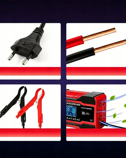 Galingas išmanusis automatinis akumuliatoriaus įkroviklis su LCD ekranu, 10 A, 12 V / 24 V