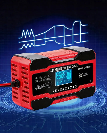 Galingas išmanusis automatinis akumuliatoriaus įkroviklis su LCD ekranu, 10 A, 12 V / 24 V