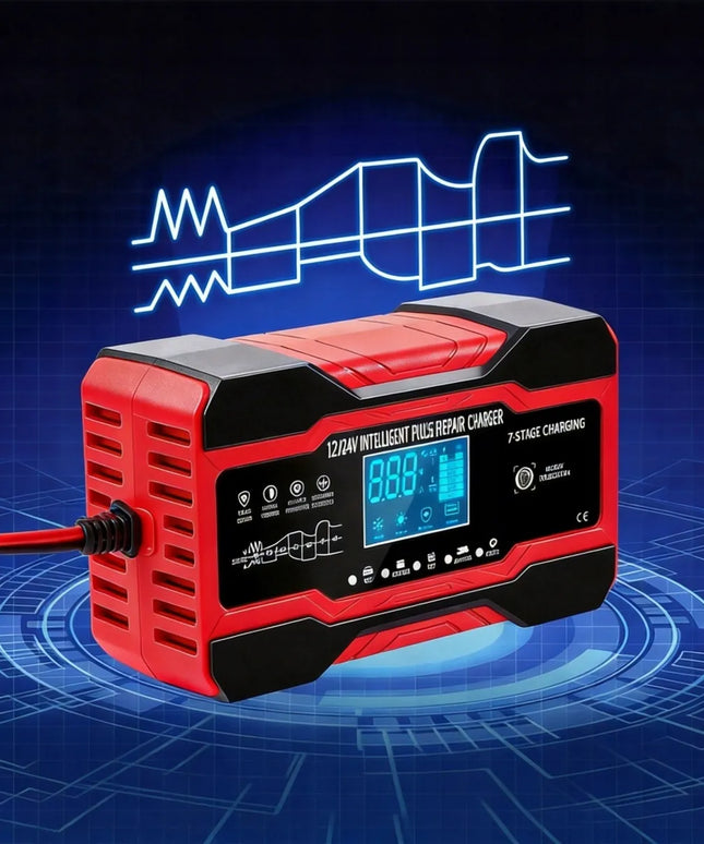 Galingas išmanusis automatinis akumuliatoriaus įkroviklis su LCD ekranu, 10 A, 12 V / 24 V