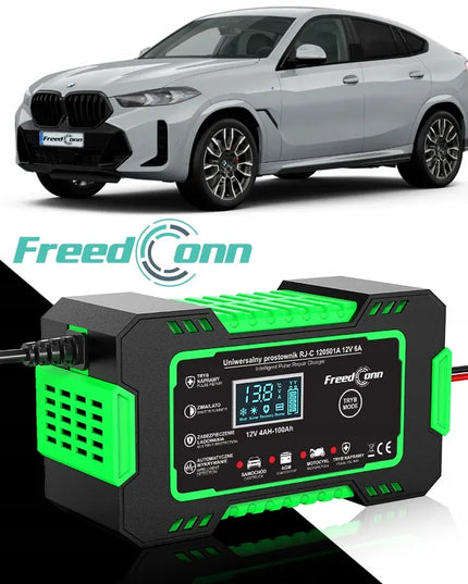 Galingas „FreedConn“ 12 V, 6 A automobilio akumuliatoriaus įkroviklis, užrašai lenkų kalba