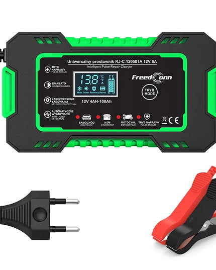 Galingas „FreedConn“ 12 V, 6 A automobilio akumuliatoriaus įkroviklis, užrašai lenkų kalba