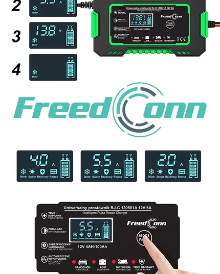 Galingas „FreedConn“ 12 V, 6 A automobilio akumuliatoriaus įkroviklis, užrašai lenkų kalba