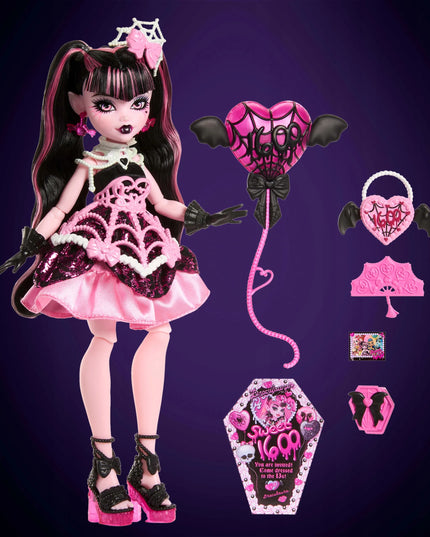 MONSTER HIGH DRACULAURA „BAISIAI SALDUS GIMTADIENIS“ LĖLĖ 27 CM, BALIONAS IR AKSESUARAI