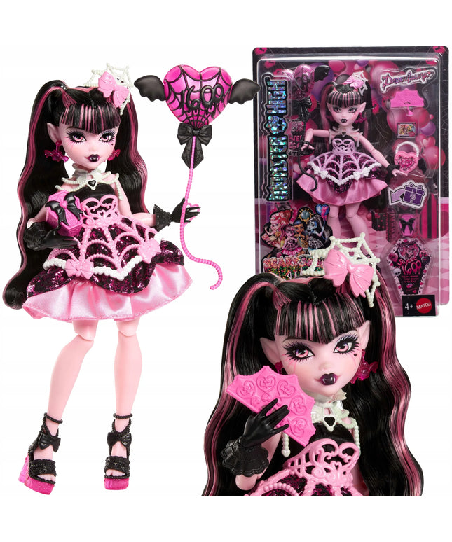 MONSTER HIGH DRACULAURA „BAISIAI SALDUS GIMTADIENIS“ LĖLĖ 27 CM, BALIONAS IR AKSESUARAI