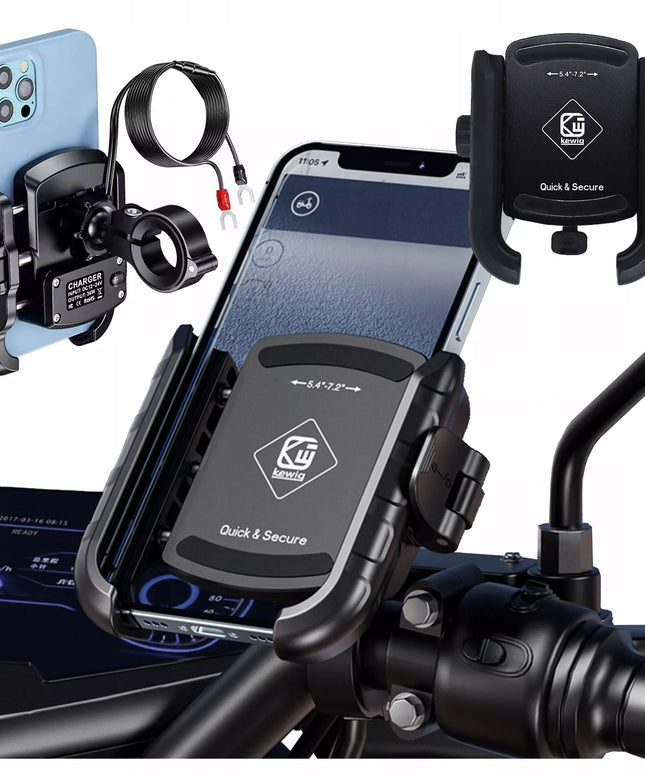 Motociklinis telefono laikiklis, antivibracinis, USB-C PD 36W krovimas, ant vairo