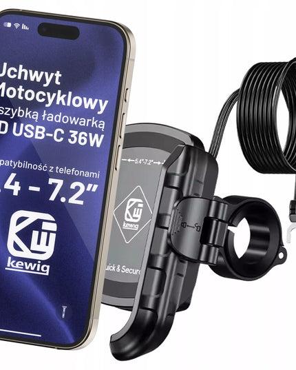 Motociklinis telefono laikiklis, antivibracinis, USB-C PD 36W krovimas, ant vairo
