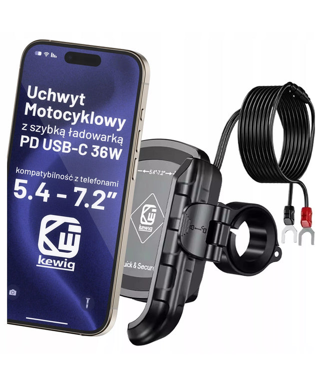 Motociklinis telefono laikiklis, antivibracinis, USB-C PD 36W krovimas, ant vairo
