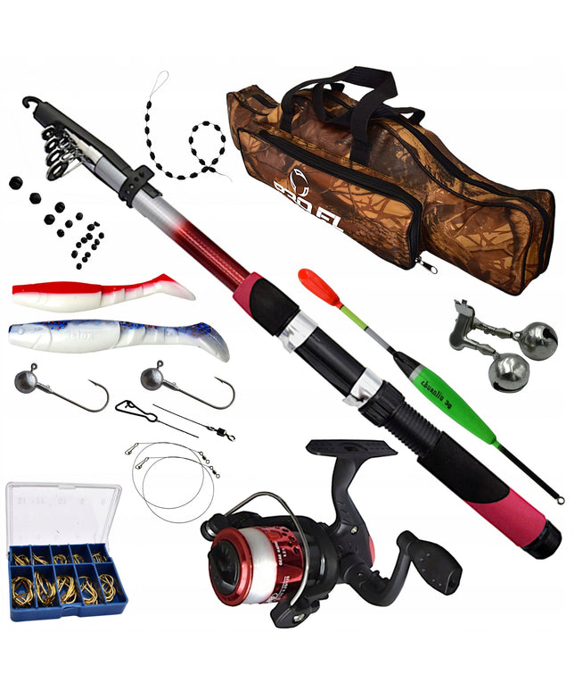 Mega Žvejybos Rinkinys Meškerė Ritė Aksesuarai Dėklas