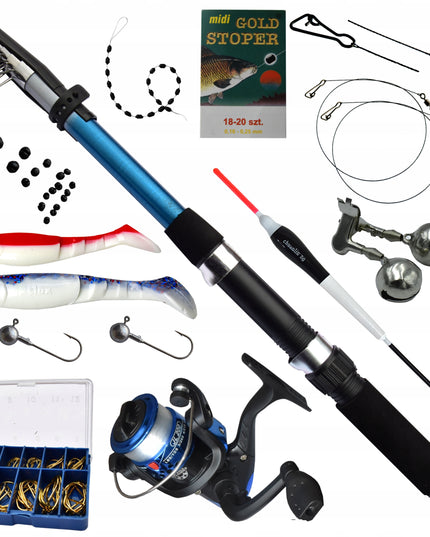 Mega žvejybos rinkinys: meškerė, ritė, aksesuarai