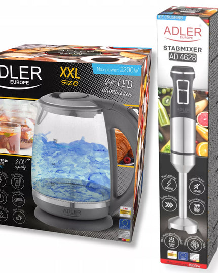 Galingas rankinis trintuvas 1900W, smulkinantis ledą TURBO+ stiklinis 2L virdulys Adler