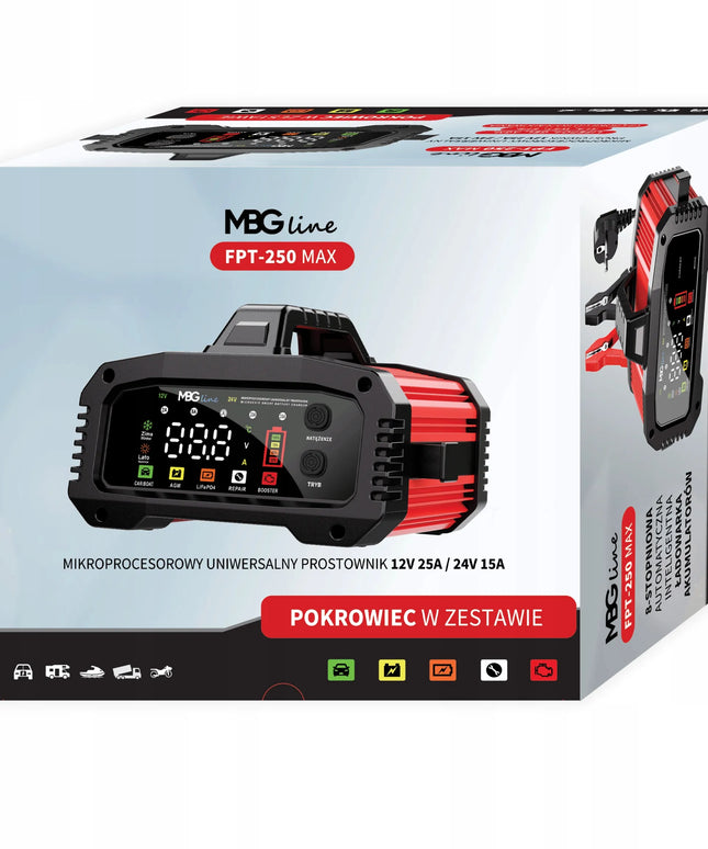 Galingas išmanusis automobilinis akumuliatorių įkroviklis MBG Line FPT-250 MAX, 12 V / 24 V, 25 A