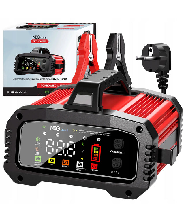 Galingas išmanusis automobilinis akumuliatorių įkroviklis MBG Line FPT-250 MAX, 12 V / 24 V, 25 A