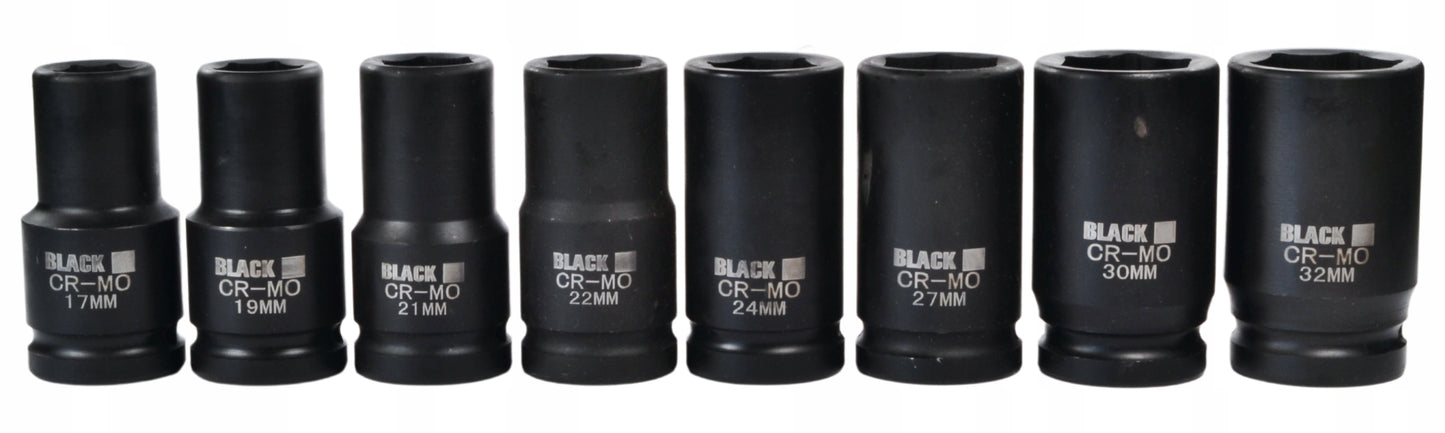 Smūginės terklinės galvutės, smūginių terklinės galvučių rinkinys 3/4" 17,19,21,22,24,27,30,32 BLACK