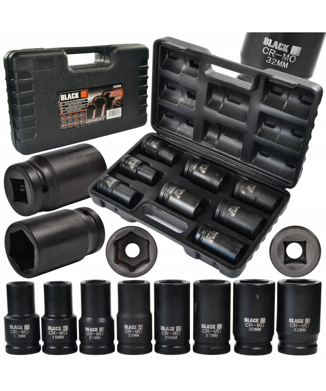 Smūginės terklinės galvutės, smūginių terklinės galvučių rinkinys 3/4" 17,19,21,22,24,27,30,32 BLACK