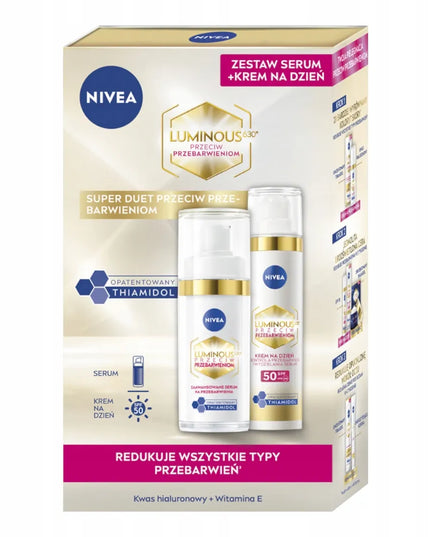 NIVEA LUMINOUS 630 rinkinys pigmentinėms dėmėms mažinti: dieninis kremas SPF50 40ml + serumas 30ml