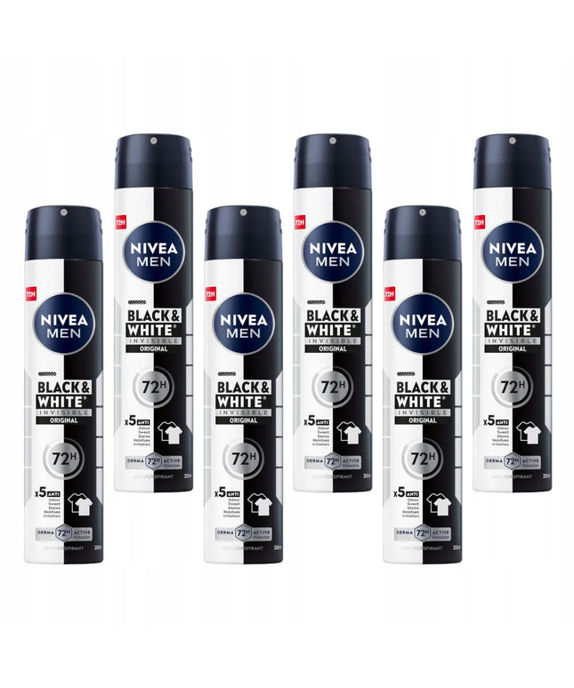 NIVEA MEN Black&White vyriškų purškiamų antiperspirantų rinkinys, 72h, 6x200ml