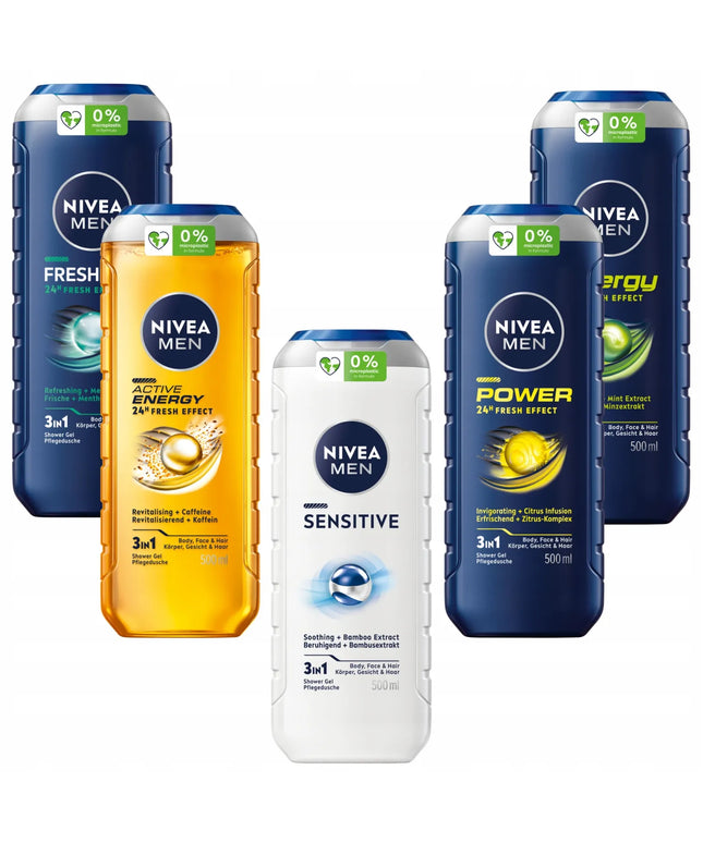 NIVEA MEN vyriškas dušo želė rinkinys 3in1 – kūnui ir plaukams 500ml x 5