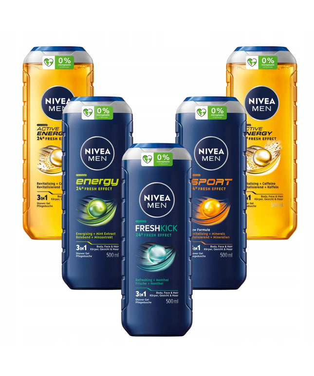 NIVEA MEN dušo gelių rinkinys vyrams 3in1 gaivus aromatas 5x500ml