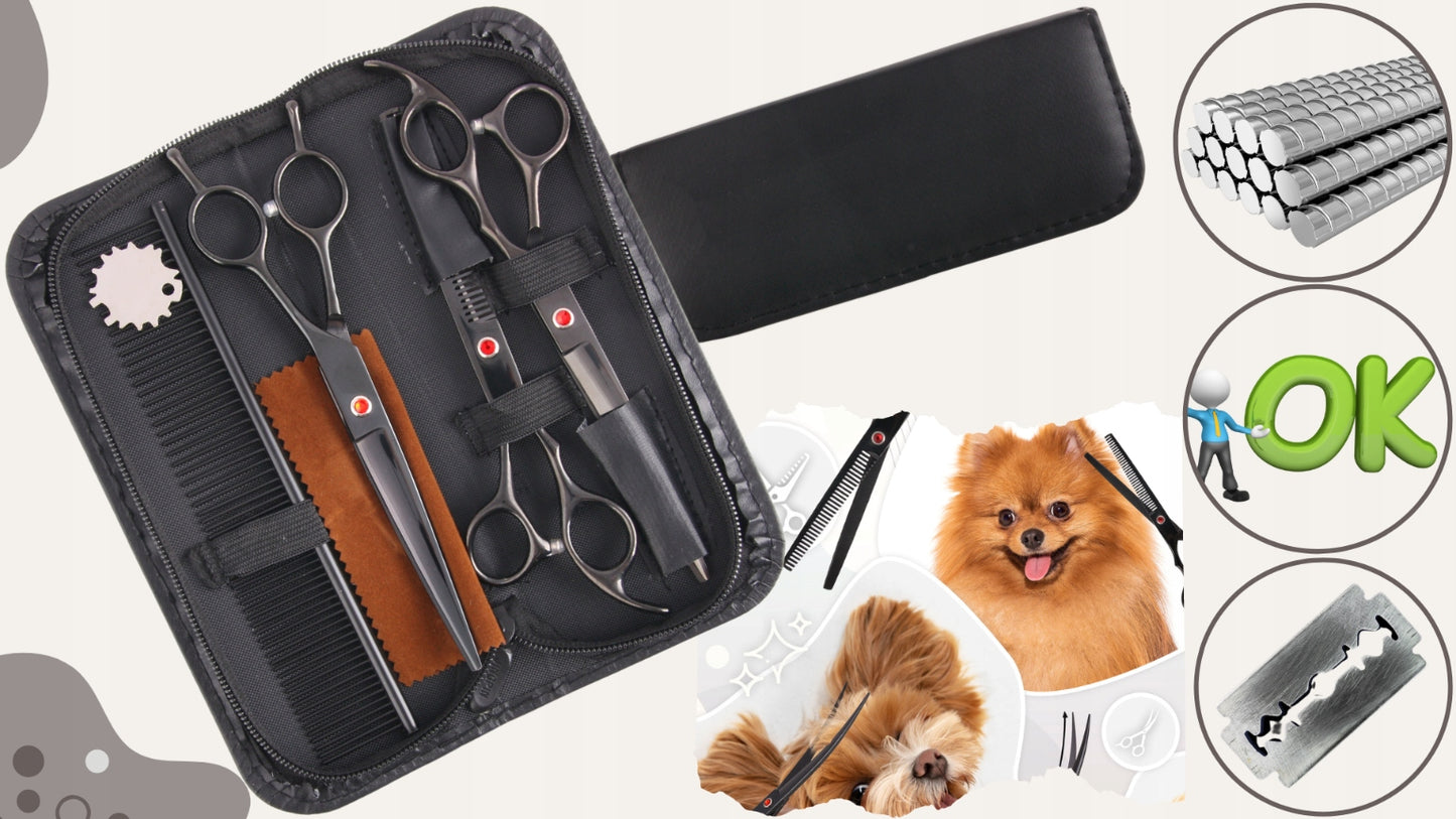Kirpimo žirklės 7.0, grožio salono rinkinys 3+1 šunų kirpimui, kirpėjo