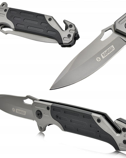 Taktinis gelbėjimo sulankstomas peilis su stiklo grūdintuvu