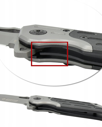 Taktinis gelbėjimo sulankstomas peilis su stiklo grūdintuvu