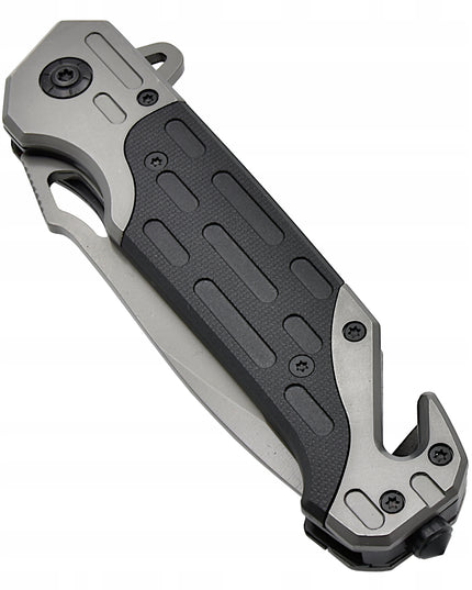 Taktinis gelbėjimo sulankstomas peilis su stiklo grūdintuvu