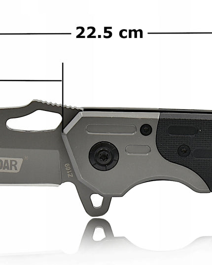 Taktinis gelbėjimo sulankstomas peilis su stiklo grūdintuvu